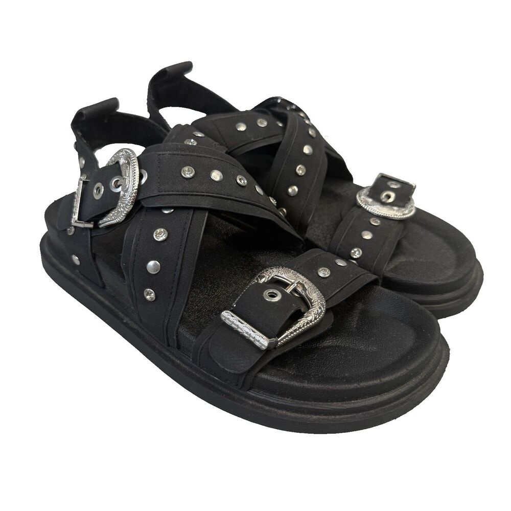 River Island Stubby State Black Leather Buckle Sandals Size 38 EU 6 US EUC
